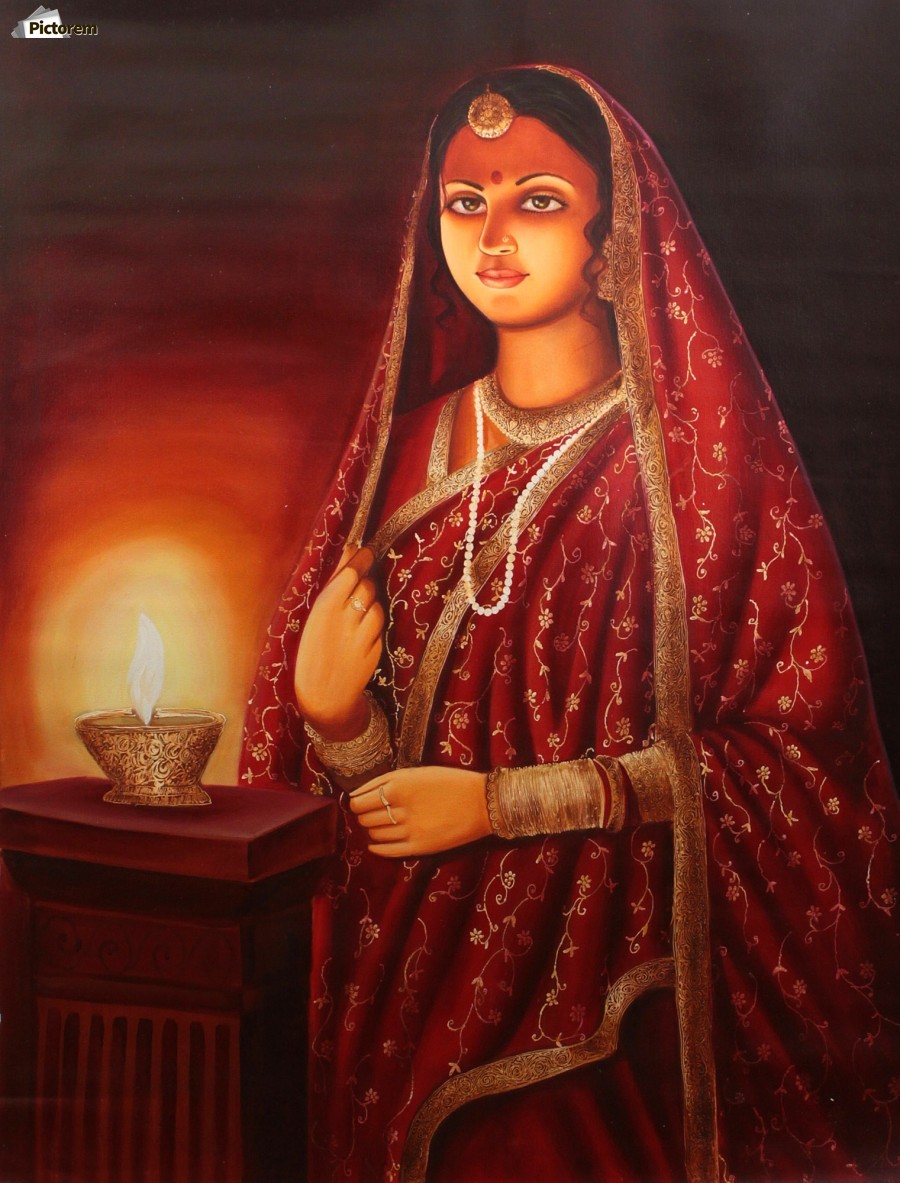 Lady With Lamp Raja Ravi Varma Canvas